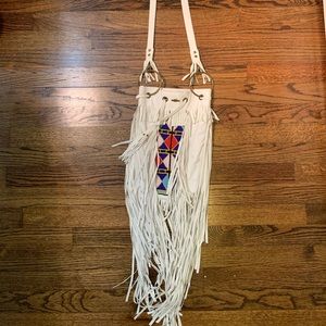 White Leather Beaded Bag with Fringe